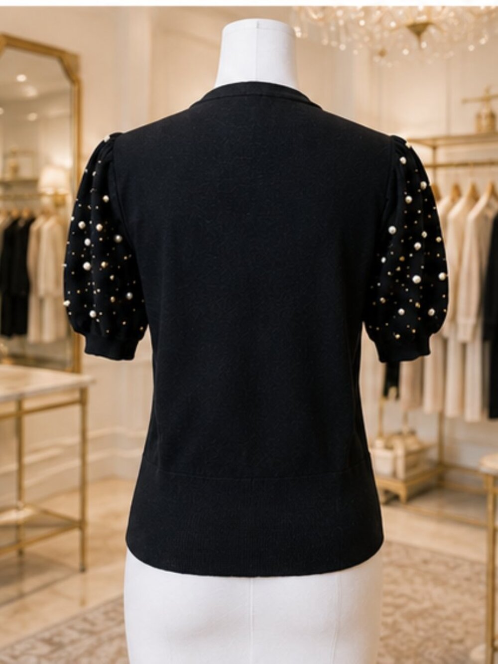 Adrianna Papell Black Pearl-Embellished Puff Sleeve Sweater, size L - Picture 5 of 7